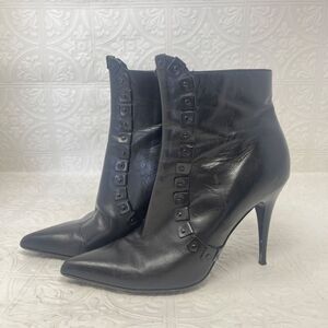 Burberry Italian Black Calf Leather Pointed Toe Stiletto Zip Ankle Boots - Size